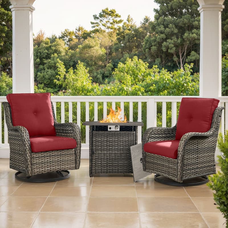 Pocassy Fire Pit Table with Sofa Swivel Chairs Set - Grey Wicker Red Cushion - 3 Pieces Swivel Chair with Fire Table