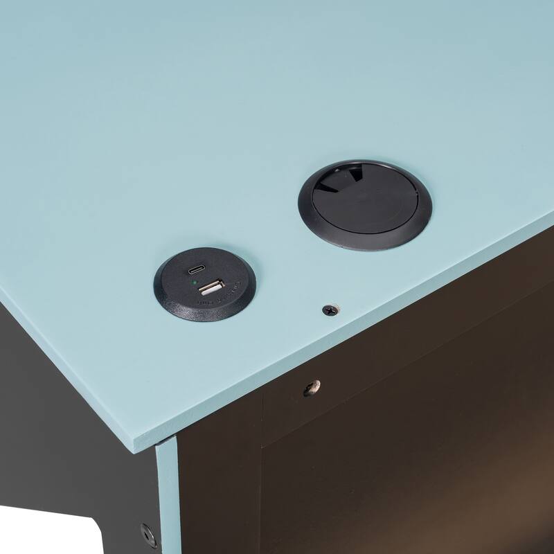 Modern Wood Daybed with Twin Trundle, Desk, USB Port, Cloud Blue