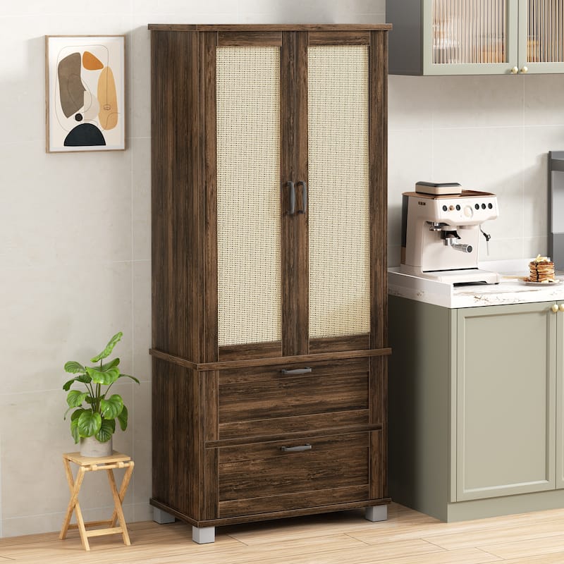 Rattan Door Pantry Storage Cabinet with Wine Rack - Freestanding Storage Organizer with Anti-Tip - Brown/Black