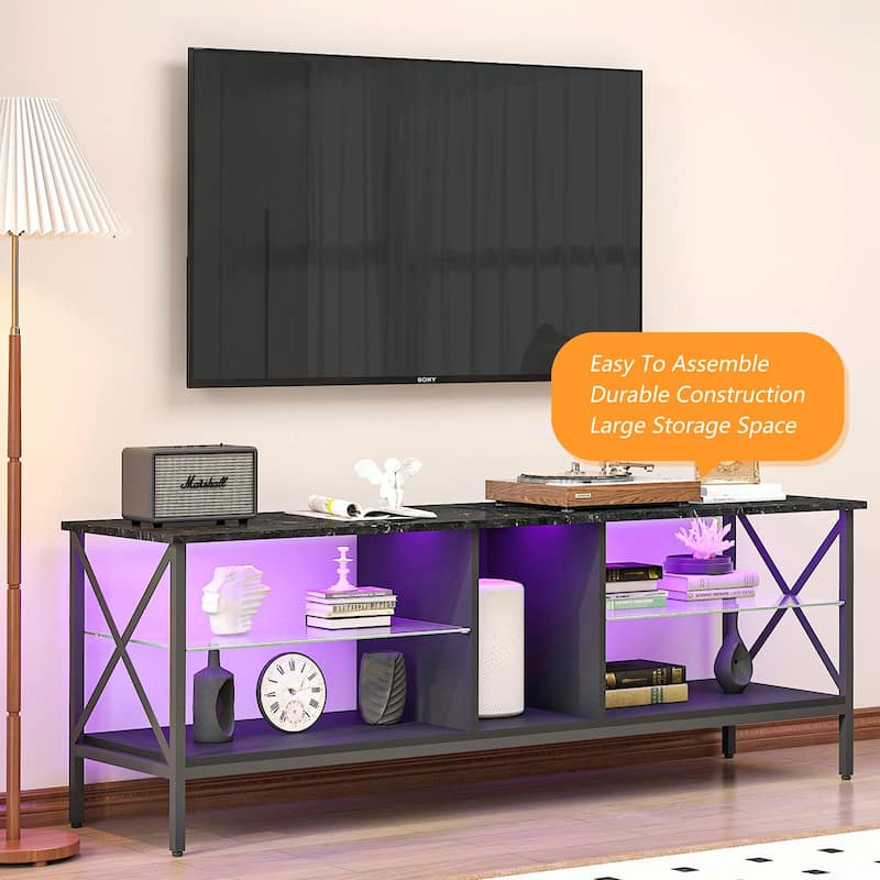 Modern Iron TV Stand with LED Lights, Remote Control, and Toughened Glass Shelves