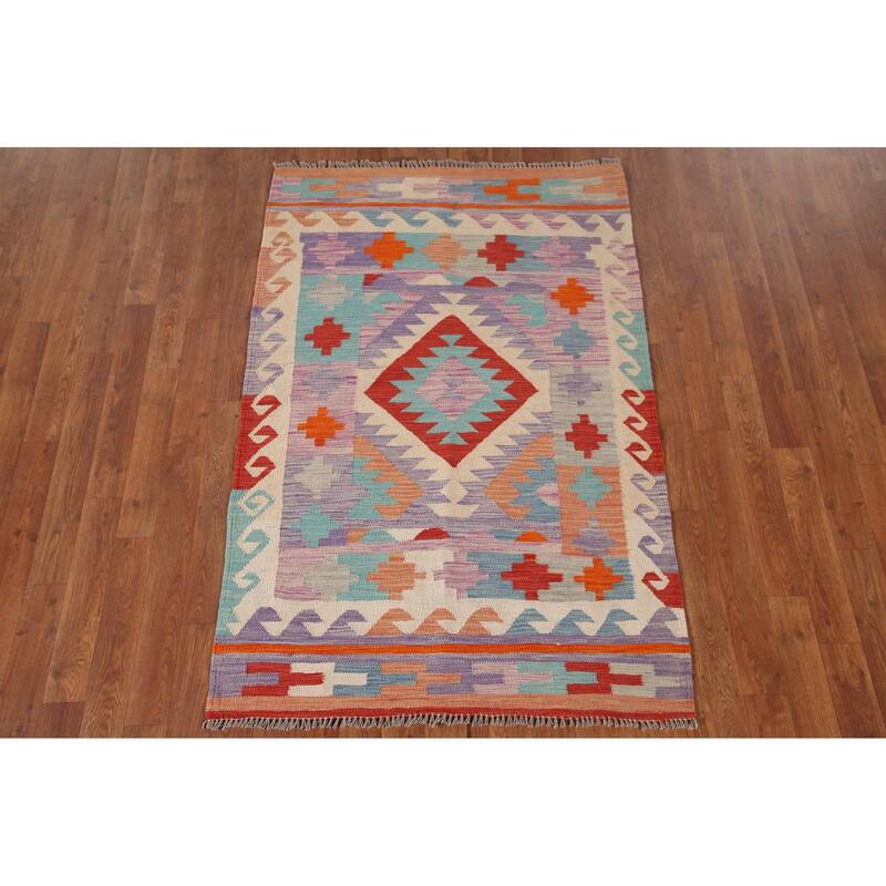 Multi-Color Reversible Kilim Area Rug Flatweave Wool Carpet - 3'2"x 4'11"