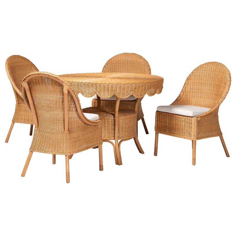 Tyrone 5-Piece Rattan Dining Set - Round Wicker Table with Scallop Edge and 4 Side Chairs, Woven Boho Coastal Style for Dining - Light Honey