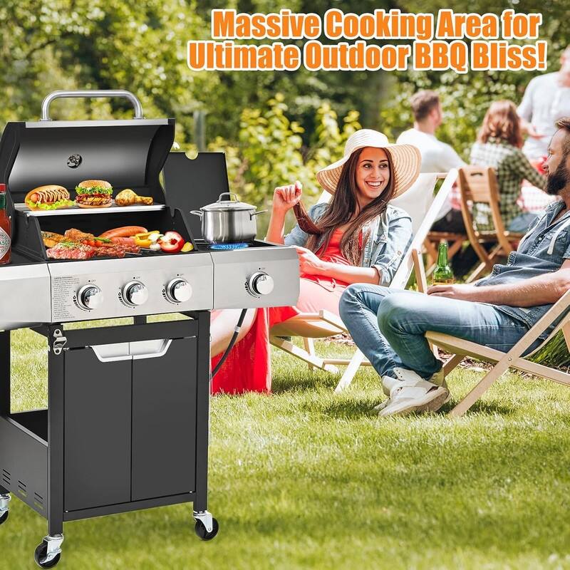 3-Burner Stainless Steel Propane Grill – Side Burner, Rain Cover, 40.5K BTU for Backyard/Camping/Outdoor – Black/Silver
