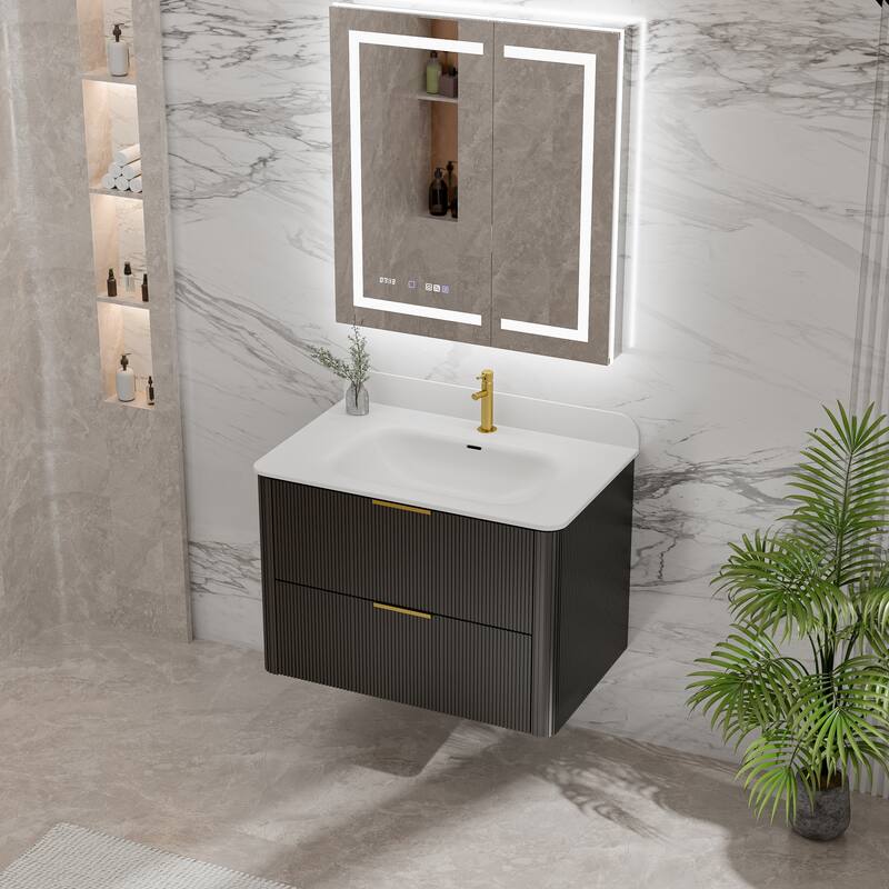 Modland Fluted Floating Vanity with Sink, Plywood Wall Mount Cabinet, Curved Edge, 24/30/36 Inch