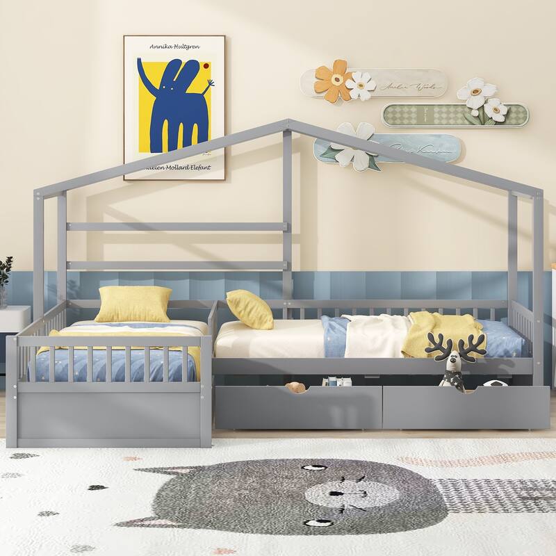Twin Size Kids House Bed Double Shared-Bed, L-Shaped Pine Wood Platform Bed with 3 Storage Drawers for Boys Girls - Gray - Twin
