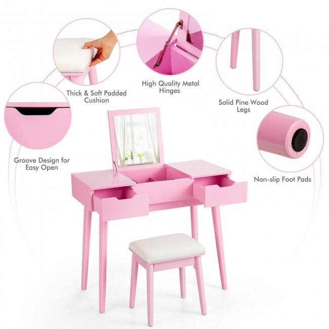 Makeup Vanity Table Set with Flip Top Mirror and 2 Drawers - 35.5" x 16" x 30" (L x W x H)