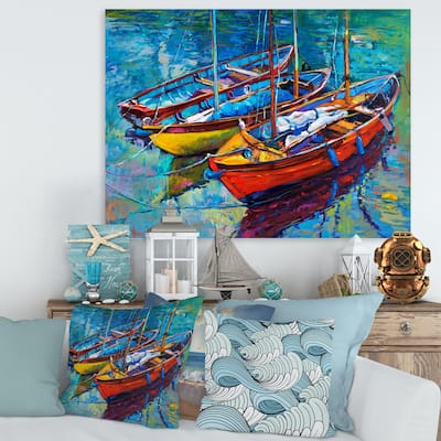 Designart "Three Boats In The Harbor" Nautical & Coastal Canvas Wall Art Print