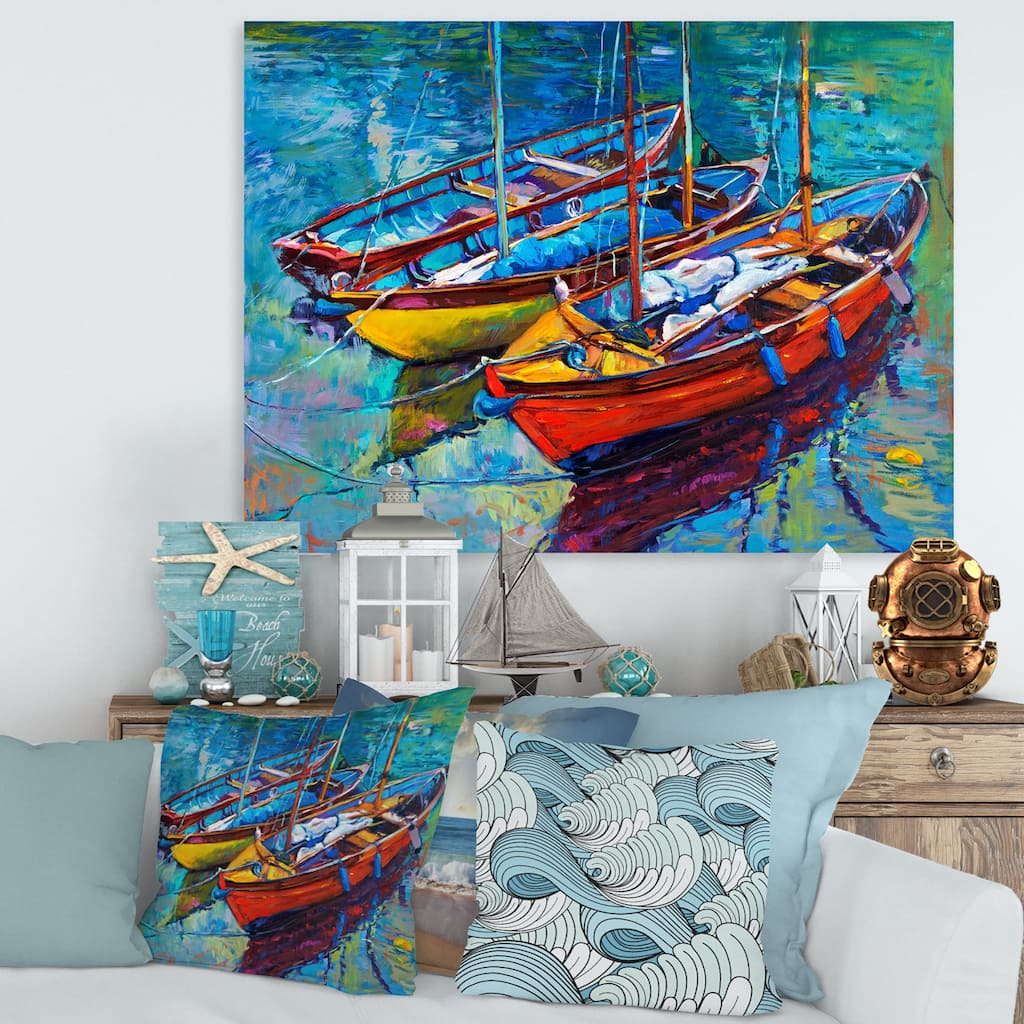 Designart "Three Boats In The Harbor" Nautical & Coastal Canvas Wall Art Print