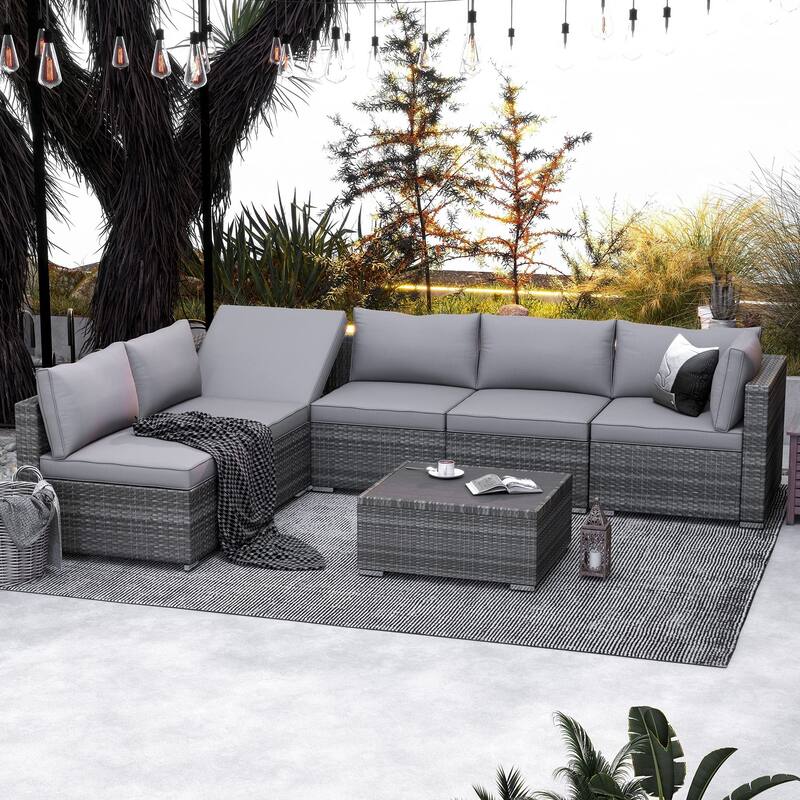 7-Position Adjustable Patio Sectional Sofa Set, 7-Piece All-Weather Rattan Furniture for Garden Backyard - N/A - Grey