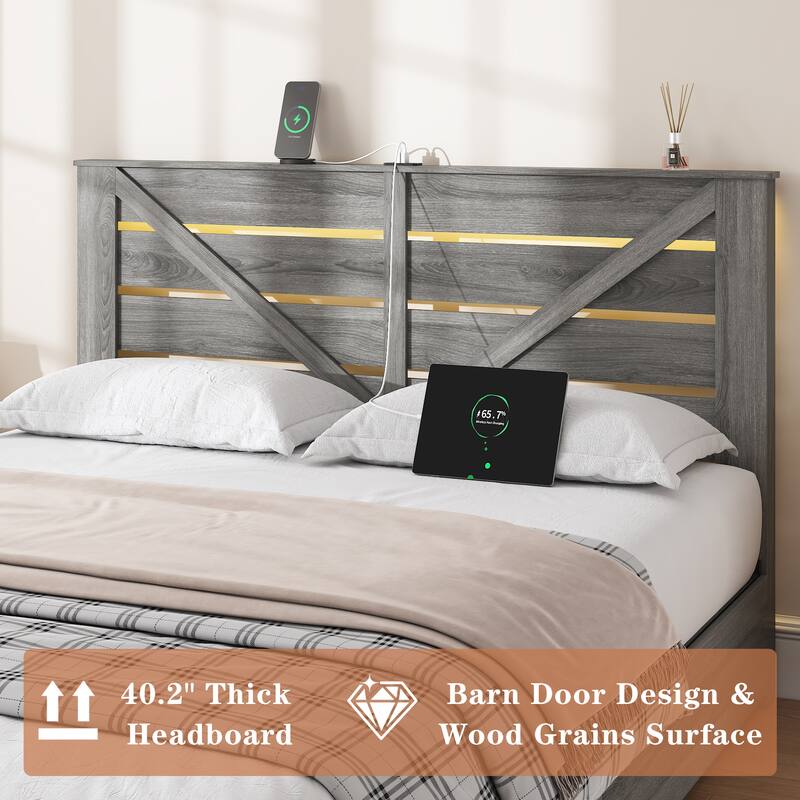 Antique Grey Platform Bed with Barn Door Headboard and Footboard 4 Drawers LED Light