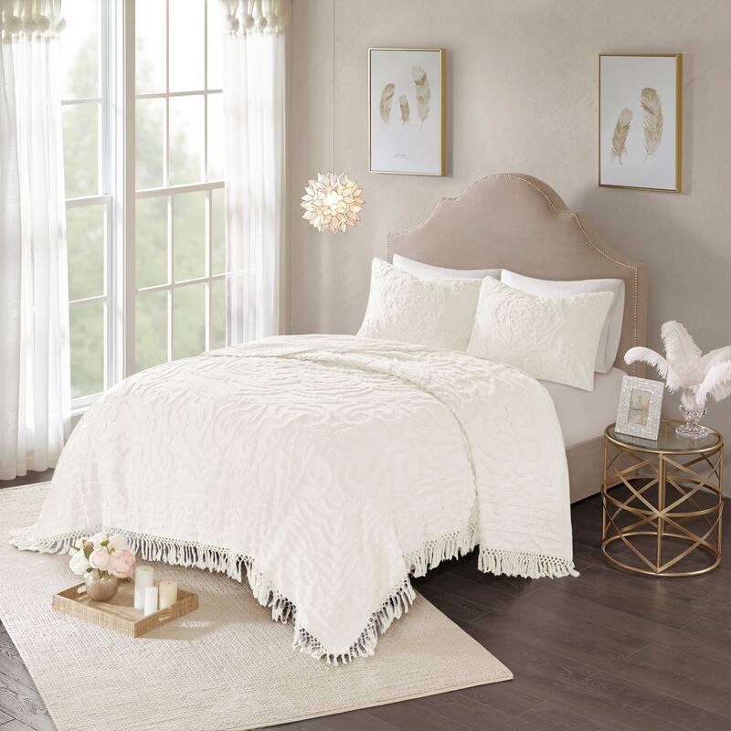 Madison Park Virginia Cotton Chenille Medallion Fringe Coverlet Set