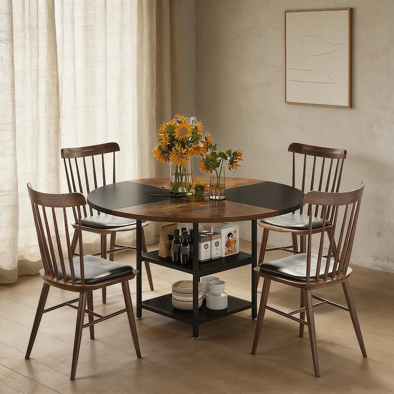 Round Dining Table with Storage Shelf, Kitchen Table with Black and Brown Splicing Desktop, Office Table Coffee Table