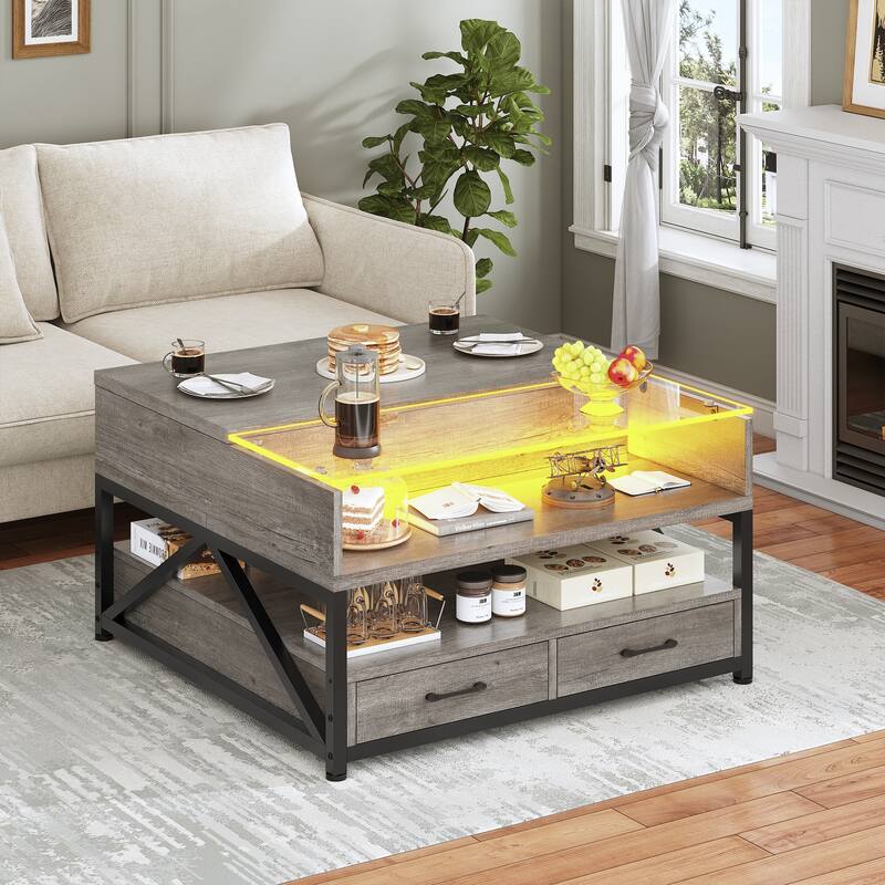 Coffee Table Lift Top 2 Drawers Hidden Compartment for Living Room
