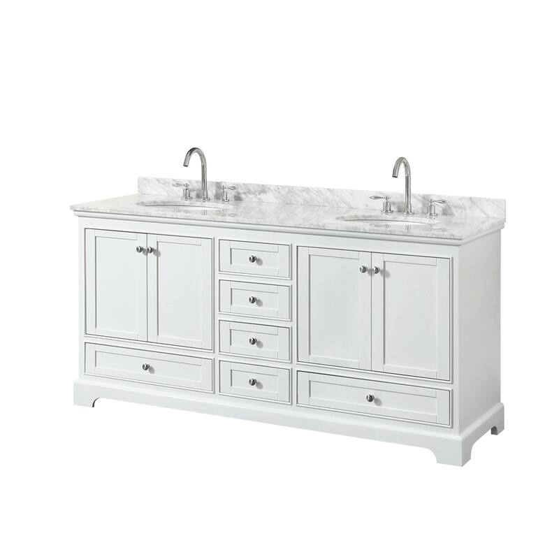 Wyndham Collection Deborah 72" Free Standing Double Vanity Set with - White / White Carrara Marble Top / Polished Chrome
