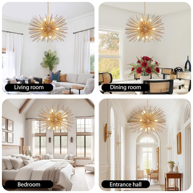 29" 12-Light Starburst Chandelier Gold Sputnik Pendant Light Fixture for Living Room, Dining Room(Bulb Not Included)