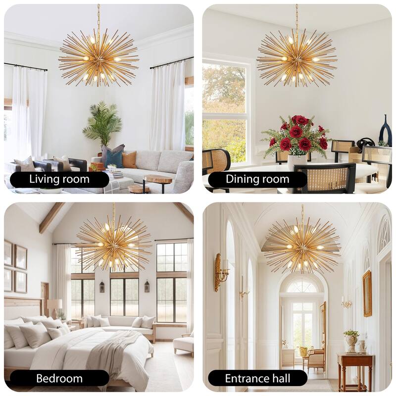 29" Mid-Century Modern 12-Light Starburst Chandelier - Sputnik Pendant Light Fixture (Bulb Not Included) - Gold