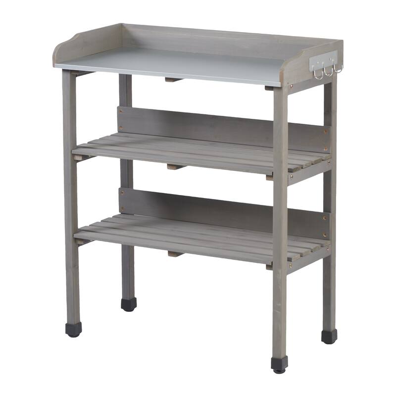 30"x14.5"x35.5" Potting Table w/Metal Tabletop, 3 Layers Outdoor Work Bench w/Hook, Solid Wood Workstation for Garage