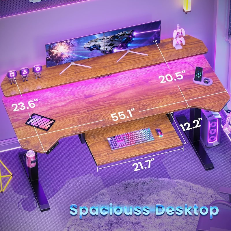 55" Standing Gaming Desk Long Computer Desk Power Strip Keyboard Tray