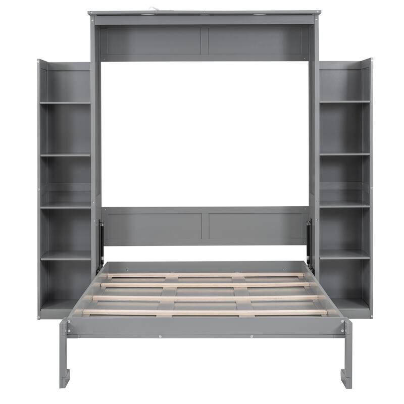 Wooden Wall Murphy Bed with Side Bookshelf & LED Lights