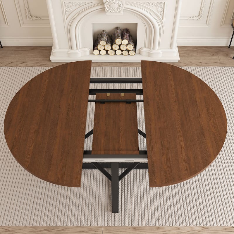 47 Inch Extendable Round Dining Table for 4-8 with Storage, Walnut Finish Circle Dining Table with Metal Frame - Walnut