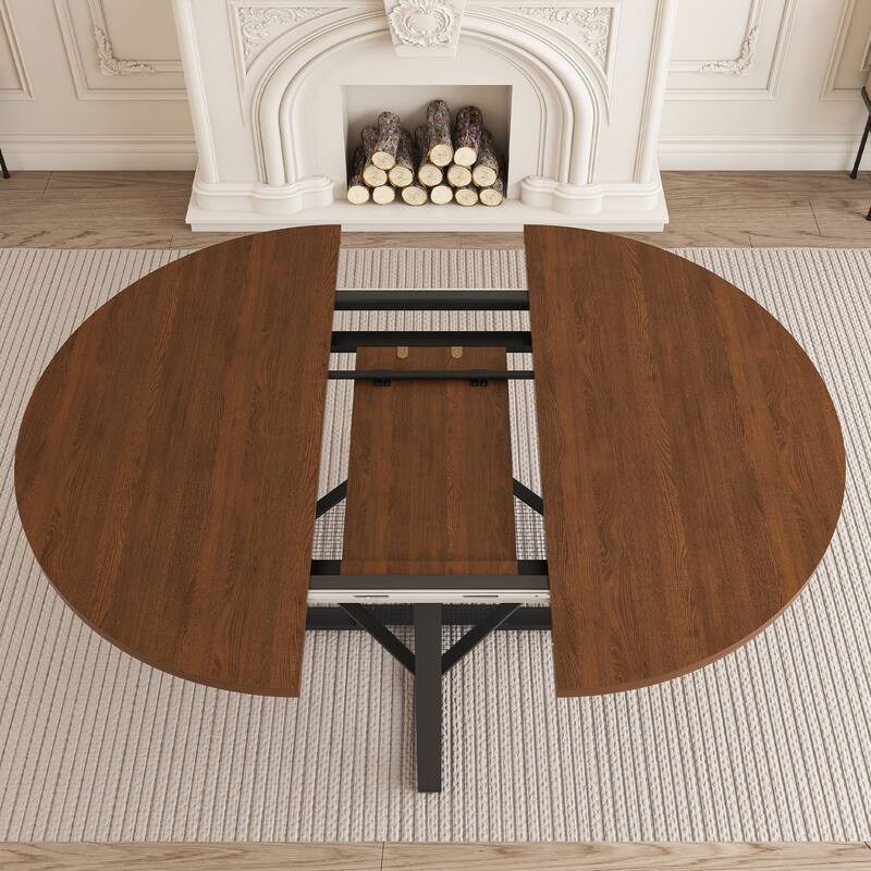 Extendable Round Dining Table, Kitchen Table with Open Wire Grid Shelf, Meeting Table for 4-8 People