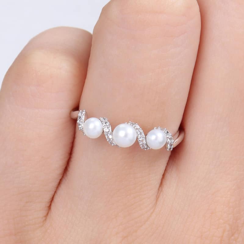 Miadora Cultured Freshwater Pearl and 1/4ct TGW Created White SapphireSwirl Ring in Sterling Silver