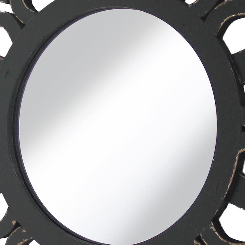 Wooden Mirror Blooming Lotus Wall Decor Set of 2 with Floral Engraving, Black