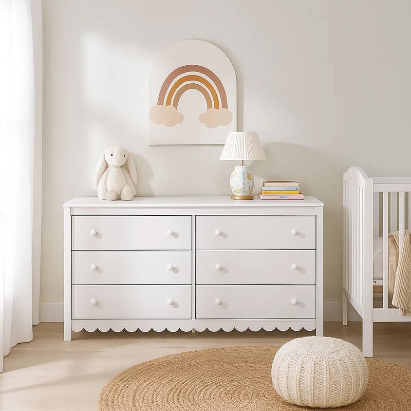 Kally Wide Dresser, 6 Drawers, Modern Matte White Wood Finish, 61 Inch