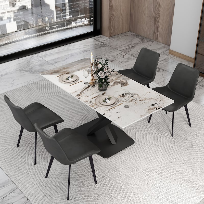 63" Dining Table for 6 with Sintered Stone Tabletop and with X-Shape Carbon Steel Pedestal - Pandora