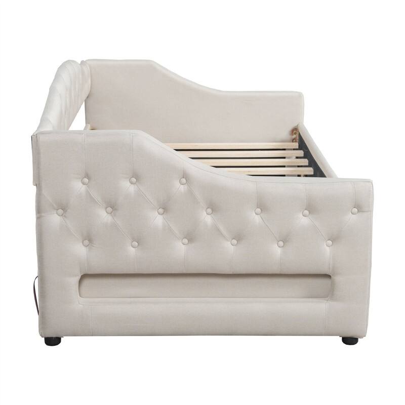 Twin XL Size Daybed with LED Belt and 2 Storage Drawers, Upholstered Daybed Frame Sofa Bed with Slats Support for Bedroom