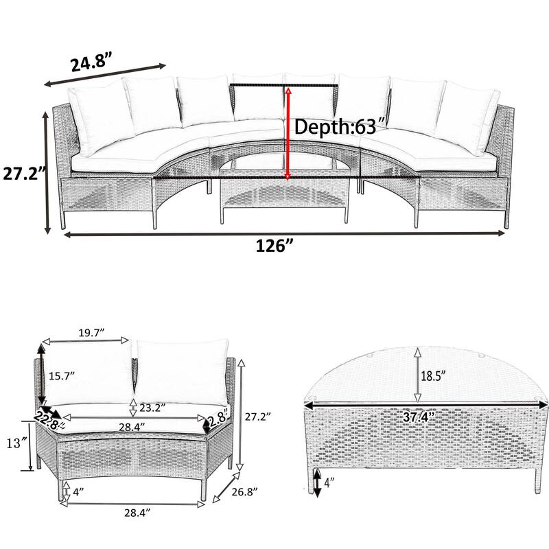 5-Piece Outdoor Rattan Half-Moon Sectional Sofa Set with Tempered Glass Coffee Table