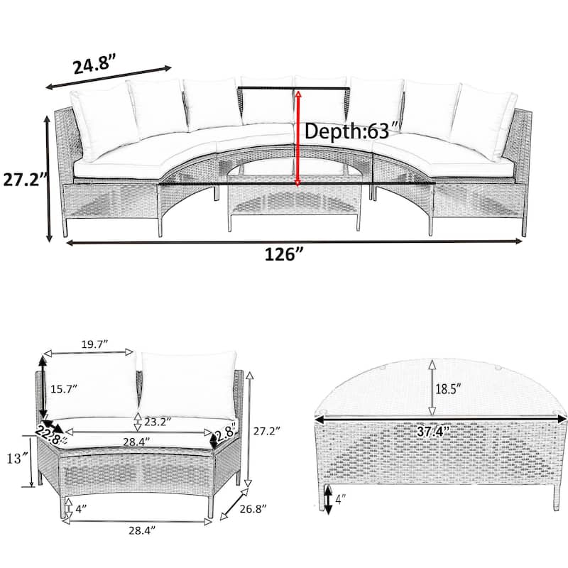 Half Moon Patio Outdoor Rattan Sectional Sofa Set with Cushion & Table