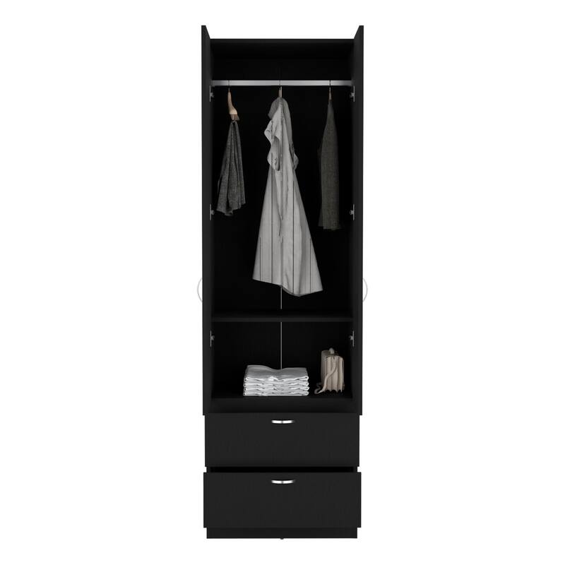 19.5" Modern Double-door Armoire with 2 Drawers, One Shelf and Hanging Rod
