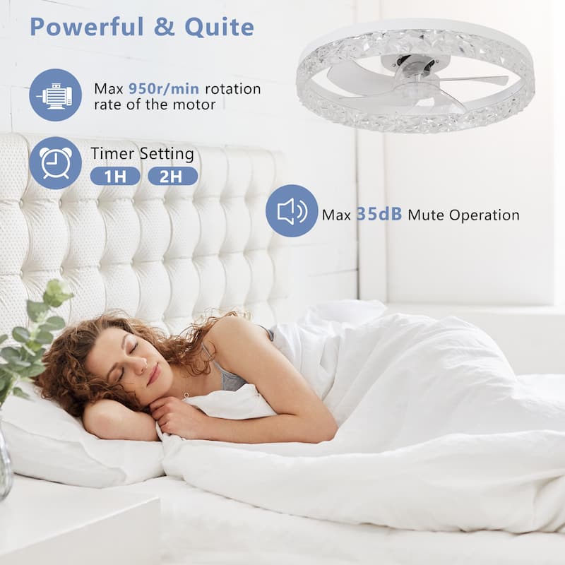 Acrylic Ceiling Fan Light with Remote Control, Dimmable LED Chandelier, 6-Speed Adjustable, Quiet Motor, Flush Mount Design