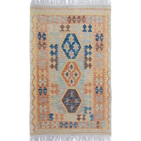 Navaho Kilim Heath Gray Blue Wool Rug - 3'4" x 5'5" - 3'4" x 5'5"