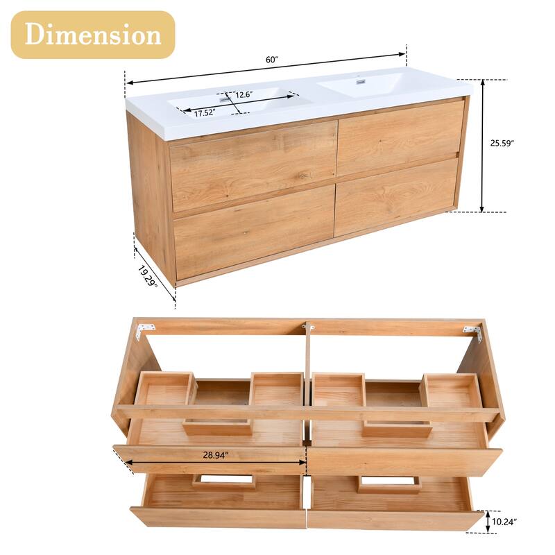 Sylphar 60 in. Toffee Oak Bath Vanity with Undermount Sink, 3 Top Options