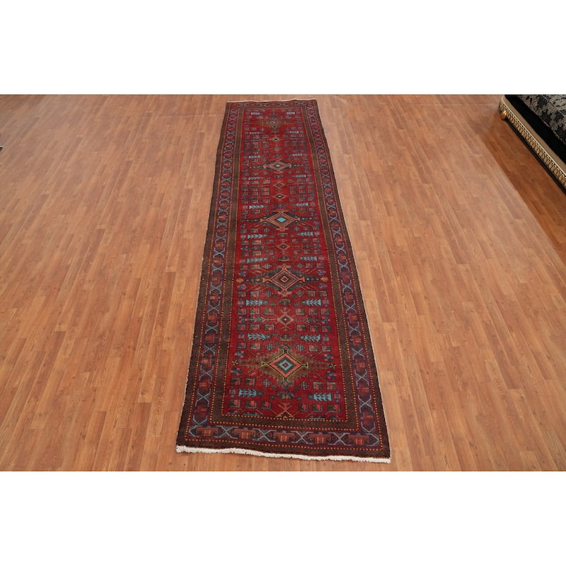 Hand Knotted Oriental 100% Wool Carpet Traditional Tribal Red Heriz Runner Rug - 13' 1'' X 3' 8''