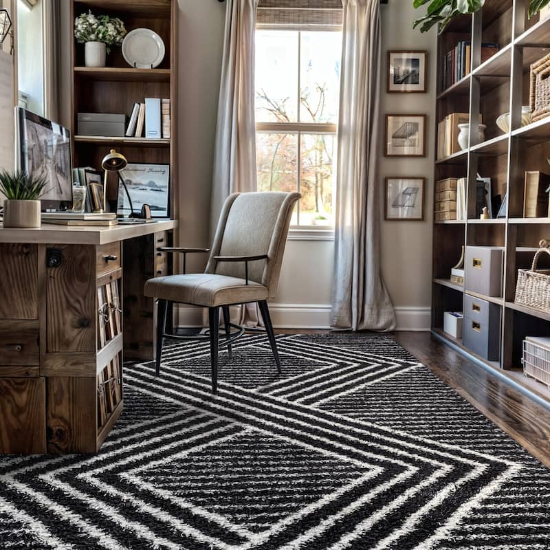 Abstract Geometric Shag Rug - Anthracite Dark Gray - Medium Pile Rug - Kid & Pet Friendly