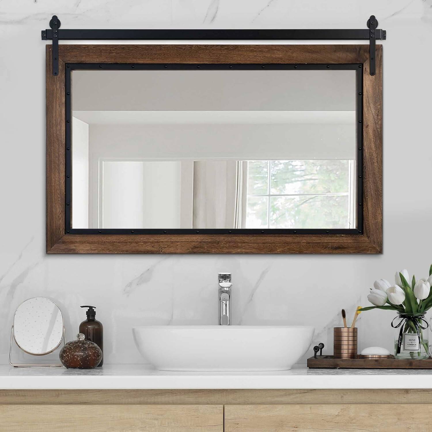 Farmhouse Barn Door Style Natural Wood Bathroom Vanity Wall Mirror On