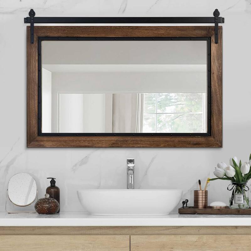 Farmhouse Barn Door Style Natural Wood Bathroom Vanity Wall Mirror On
