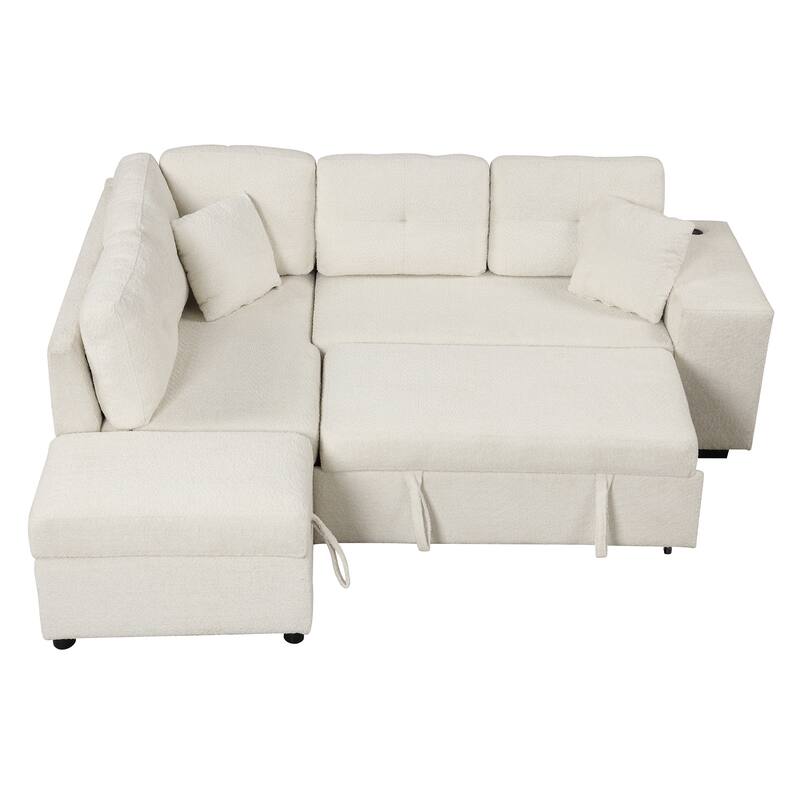 87.7" Chenille Sleeper Sectional Sofa with Wireless Charging & Stools