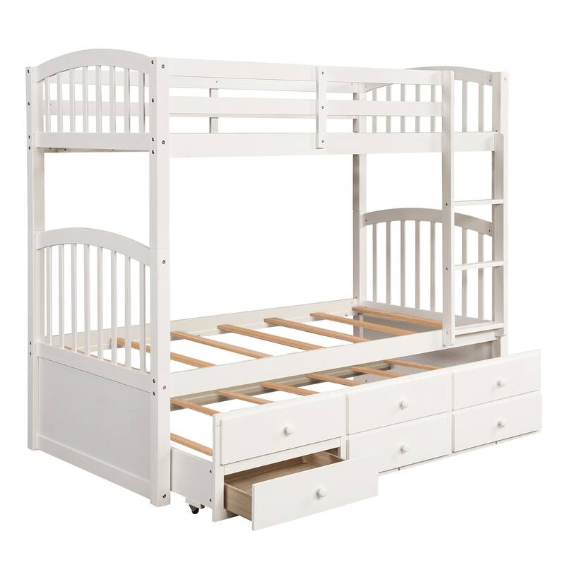 Twin Over Twin Bunk Bed with Trundle and Drawers, White, for Teens and Guest Rooms