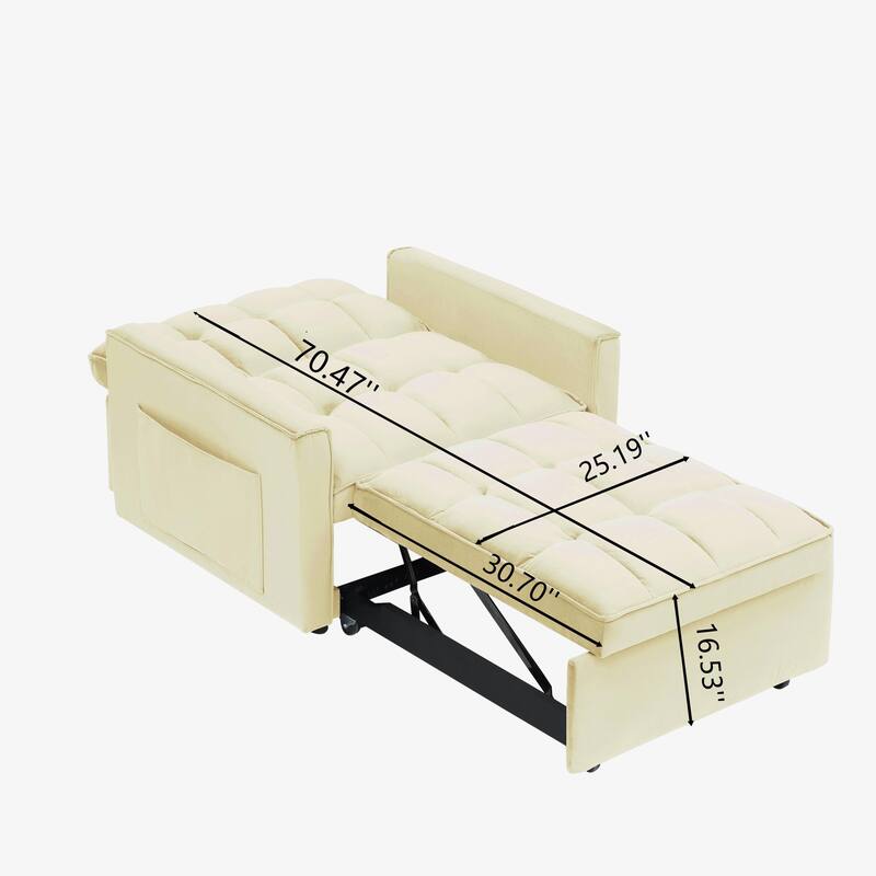 Creamy White Modern 70.86" 3 in 1 Single Convertible Sofa Bed with Adjustable Back and Moving Wheel for Living Room