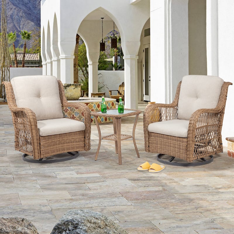 COZYWOR 3-Piece Yellow Wicker Outdoor Patio Swivel Rocking Chair