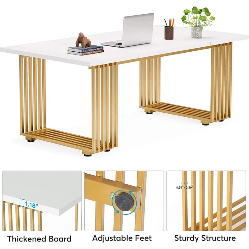 70.9" Modern Office Desk Wood Computer Desk, White Gold Executive Desk