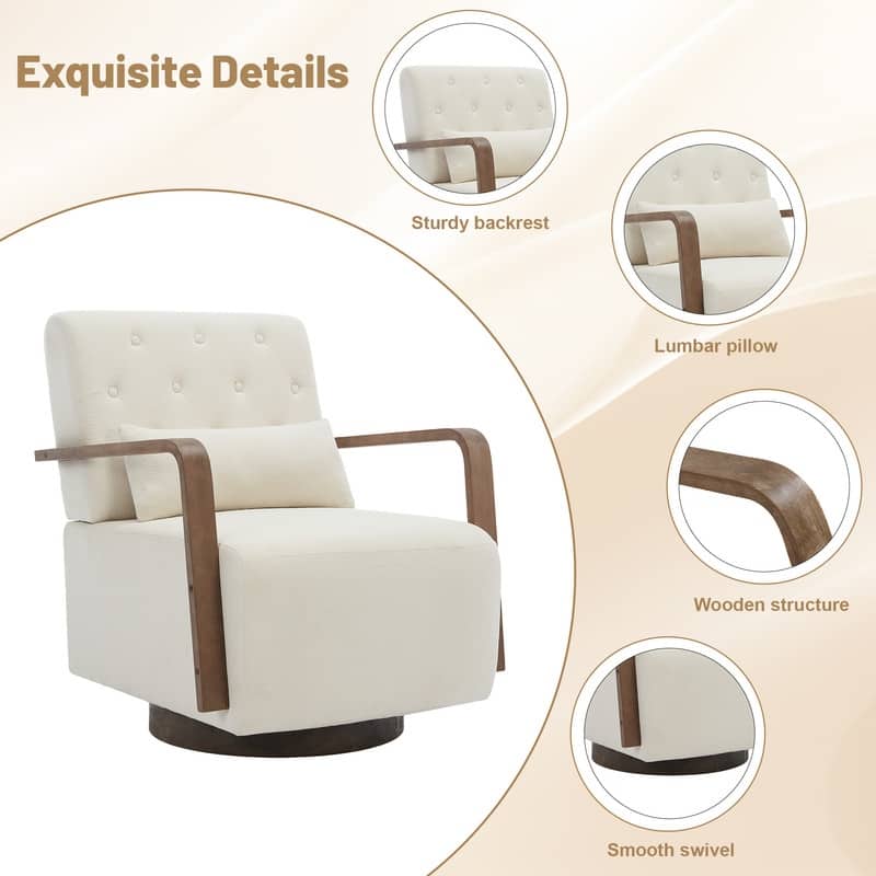 Solid Wood Swivel Accent Chair with Armrests and Lumbar Pillow - 360° Rotation