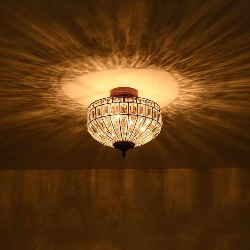 15.6" 3-Light Retro Rust-Colored Bowl Shaped Faceted Clear Crystal Semi-Flush Mount Ceiling Light for Bedroom, Kitchen