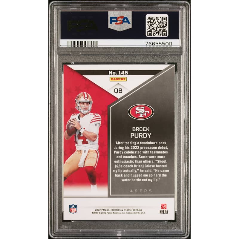 Brock Purdy 2022 Panini Rookies & Stars Red Rookie Card #145 Graded PSA 9 - 8'6" x 11'6"