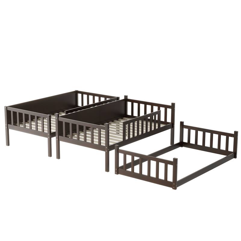 Triple Twin Size Rubber Wood Bunk Bed with Ladders and Guardrails, Detachable, Espresso