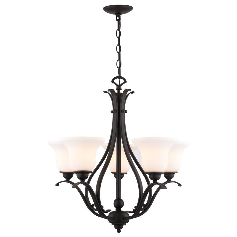 VAXCEL Monrovia 5-Light 26 in. Wide Chandelier with White Glass Shade, Adjustable Height Hanging Ceiling Fixture